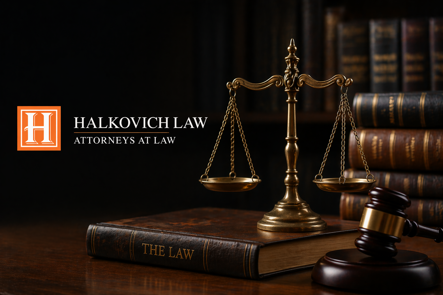 Halkovich Law branded legal image with scales of justice, law books, and gavel